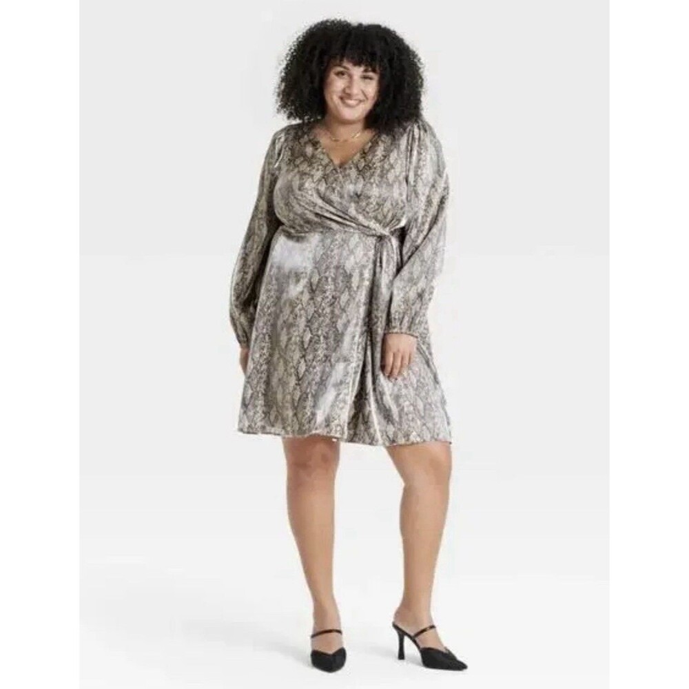 Ava & Viv 2X Snake Skin Print Dress Tan Metallic V-Neck Faux Wrap Balloon Sleeve